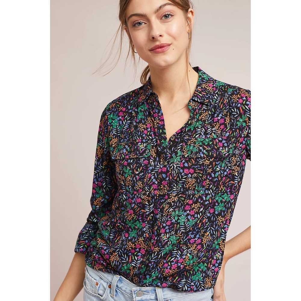 Maeve Anthropologie Womens Amboseli Floral Botanical Button Down Blouse Size 2